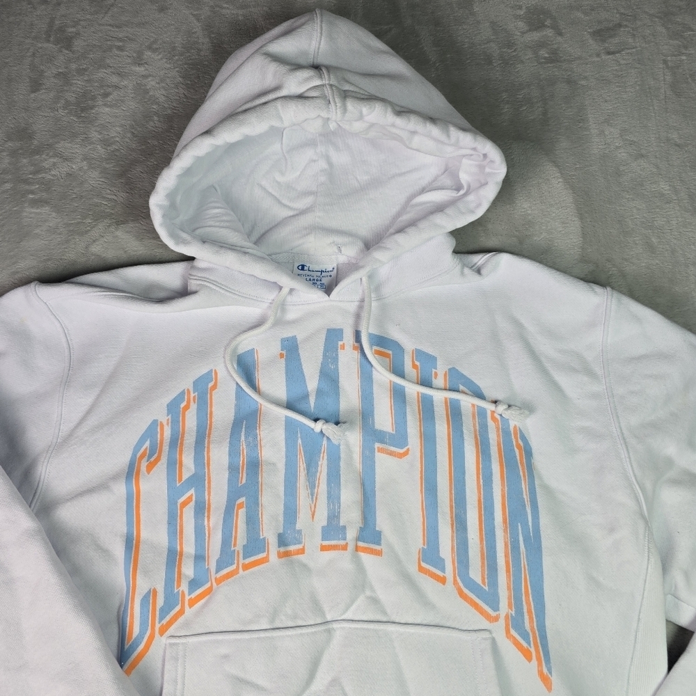 Champion Reverse Weave Men's Lg Hoodie Pullover Arch Spell-Out Logo White - Picture 3 of 7